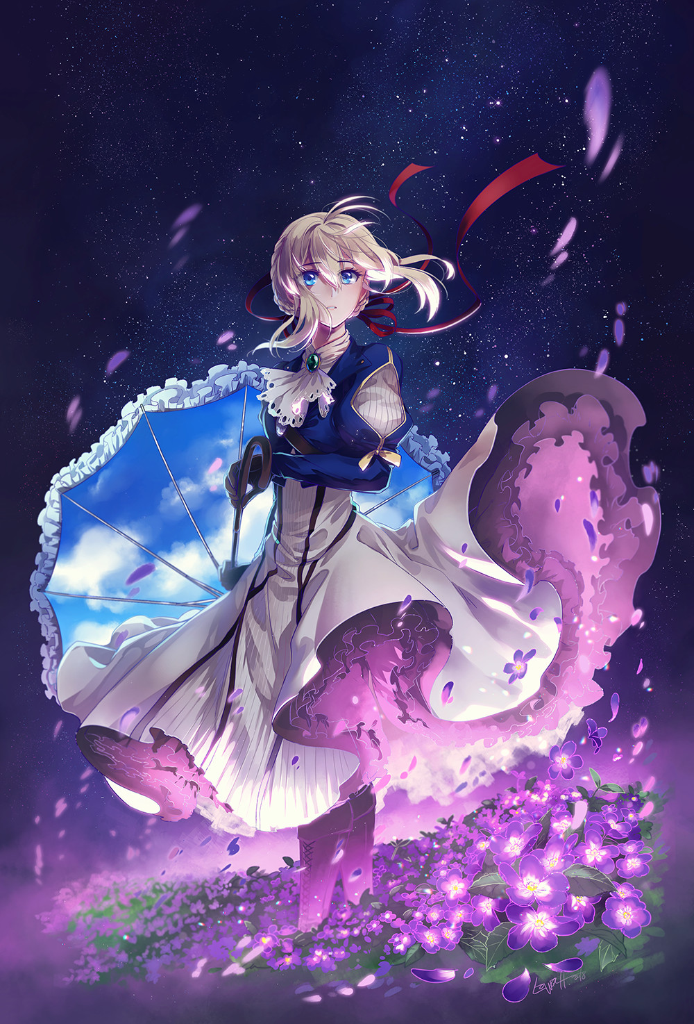 1girl aqua_gemstone blonde_hair blue_eyes boots braid cloud day dress flower french_braid gem gloves glowing glowing_flower hair_between_eyes hair_bun highres lace-up_boots long_sleeves looking_at_viewer lowah night night_sky outdoors single_hair_bun sky solo standing star_(sky) starry_sky umbrella violet_(flower) violet_evergarden violet_evergarden_(series) yellow_eyes