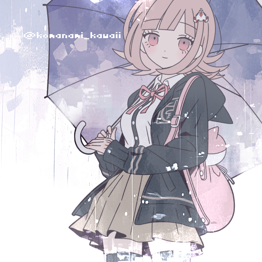 1girl animal_bag breasts brown_hair brown_skirt cat_bag collared_shirt danganronpa_(series) danganronpa_2:_goodbye_despair flipped_hair galaga hair_ornament holding holding_umbrella jacket komanami_kawaii long_sleeves looking_at_viewer medium_hair nanami_chiaki neck_ribbon open_clothes open_jacket pink_bag pink_eyes pink_ribbon pleated_skirt rain ribbon shirt skirt spaceship_hair_ornament thighhighs two-tone_shirt umbrella white_shirt