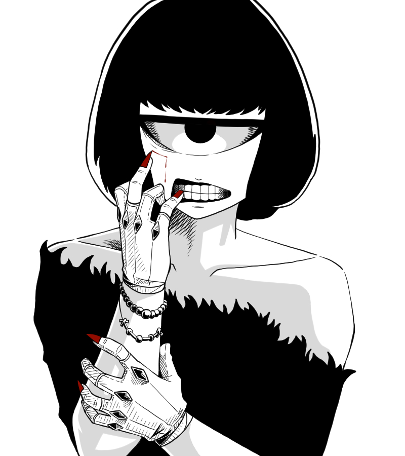 1girl bare_shoulders biting bleeding blood bracelet collarbone cyclops fingerless_gloves gloves jewelry looking_at_viewer nail_biting one-eyed original red_nails short_hair solo spot_color studded_gloves teeth upper_body yakochu