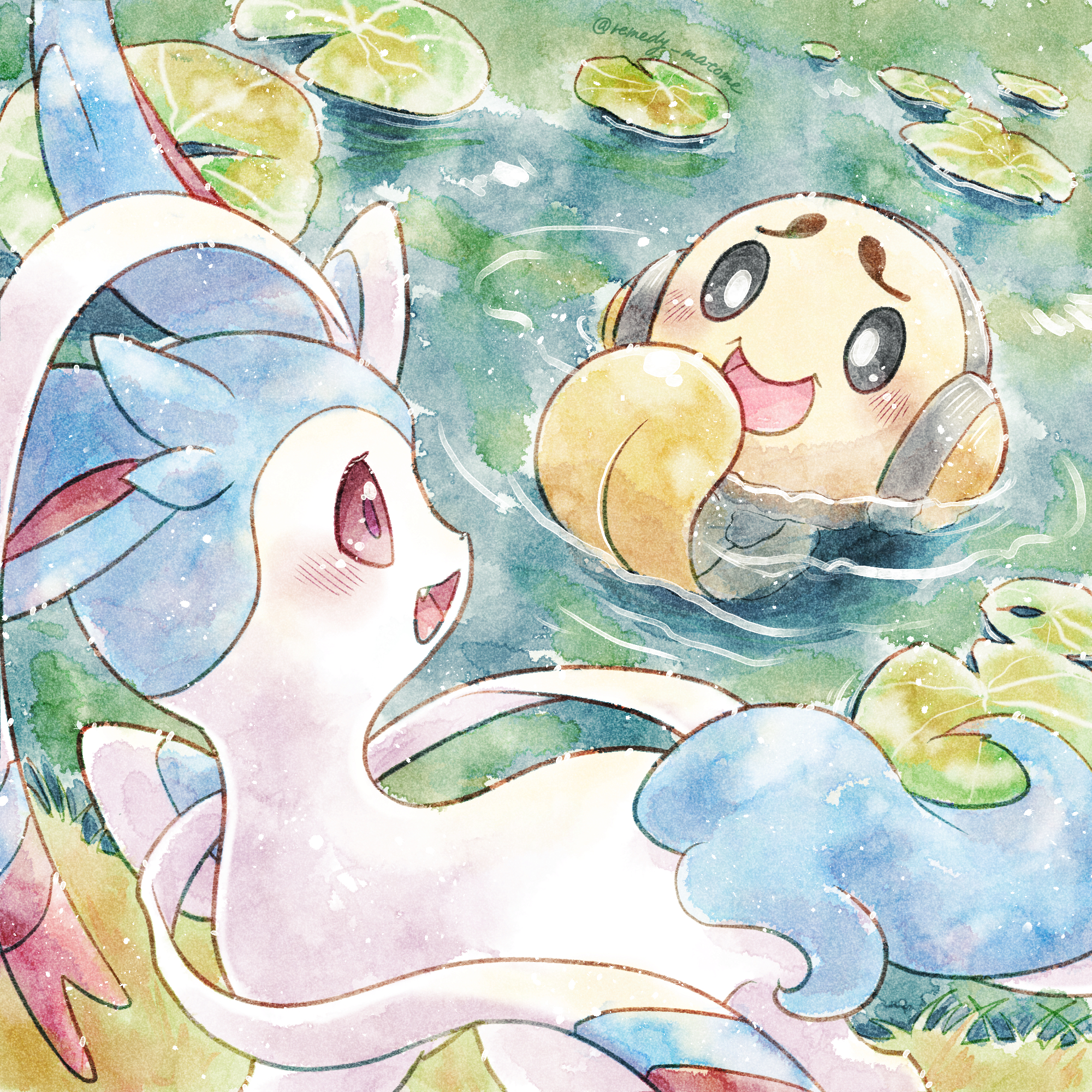 :d alternate_color blush commentary_request fang gen_5_pokemon gen_6_pokemon highres lily_pad nintendo no_humans open_mouth pokemon pokemon_(creature) remedy_matome ripples shiny_pokemon smile sylveon tongue tympole water