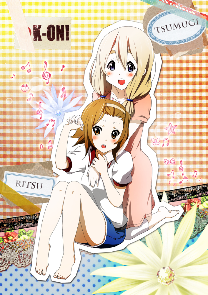 2girls barefoot blonde_hair blue_eyes blush brown_eyes brown_hair casual character_name copyright_name eyebrows_hidden_by_hair feet hair_between_eyes k-on! kotobuki_tsumugi long_hair minimaru multiple_girls short_hair tainaka_ritsu teeth upper_teeth_only