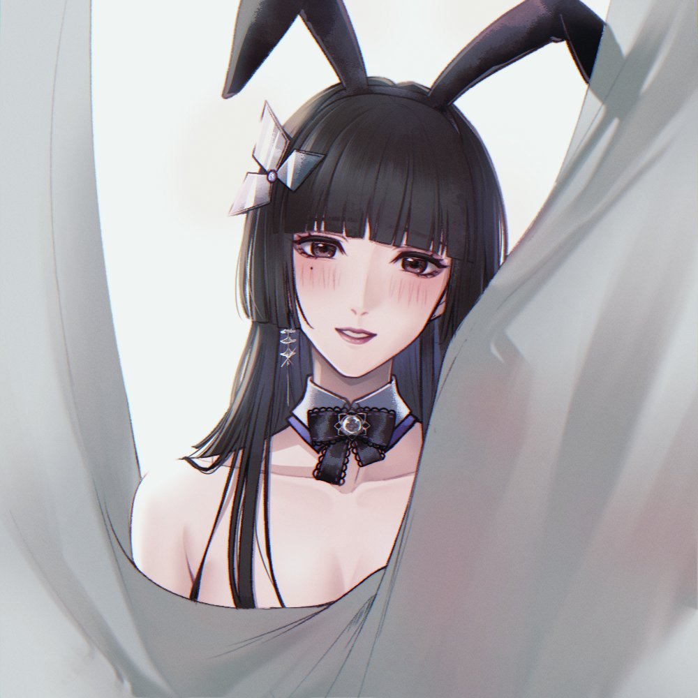 1girl angon623 animal_ear_hairband animal_ears black_bow black_bowtie black_hair blunt_bangs blunt_ends blush bow bowtie breasts brown_eyes collarbone curtains detached_collar earrings fake_animal_ears hairband hime_cut jewelry long_hair looking_at_viewer medium_breasts mole mole_under_eye nude parted_lips path_to_nowhere petal_earrings rabbit_ear_hairband rabbit_ears shuriken_hair_ornament single_earring smile solo straight-on sumire_(path_to_nowhere) upper_body