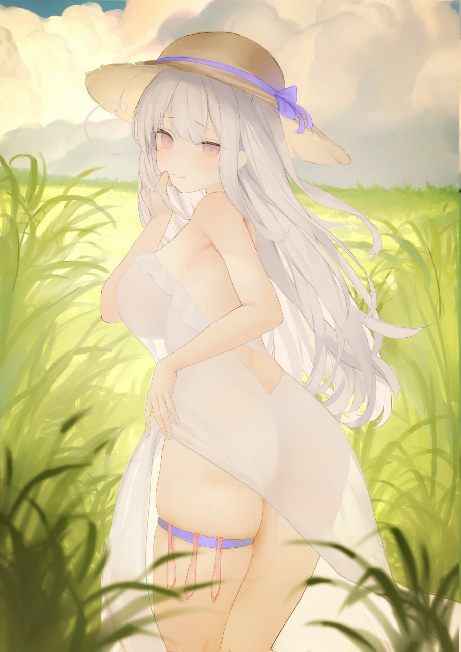 1girl ass breasts cowboy_shot dress from_behind grey_hair hat highres large_breasts long_hair looking_at_viewer looking_back niliu_chahui original outdoors pink_eyes see-through_silhouette solo straw_hat white_dress