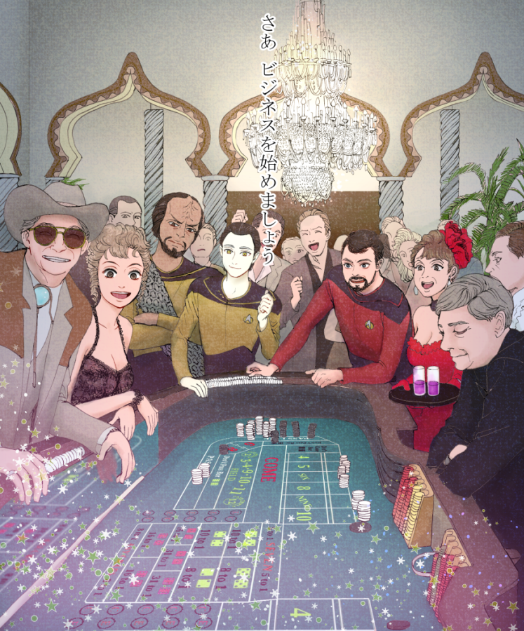 6+boys beard casino colored_skin craps data facial_hair hokuru multiple_boys multiple_girls pale_skin smile star_trek star_trek:_the_next_generation sunglasses text_focus white_skin william_riker worf yellow_eyes