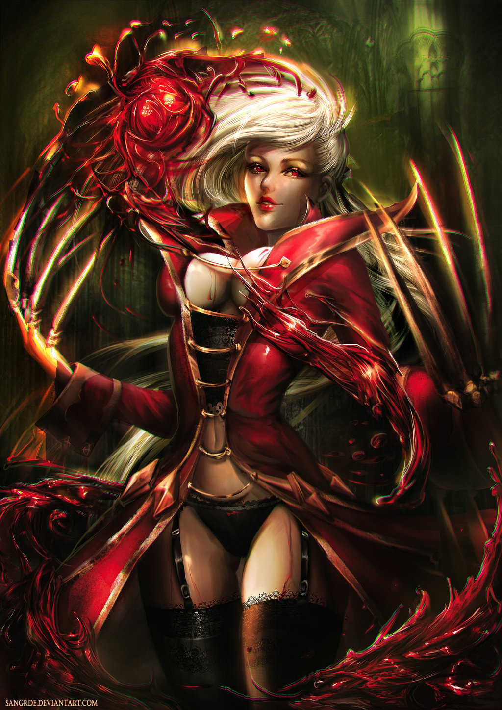 1girl blood breasts claws cleavage coat gender_request genderswap highres league_of_legends lipstick long_hair makeup red_eyes red_lips thighhighs underwear vampire vladimir_(league_of_legends) white_hair