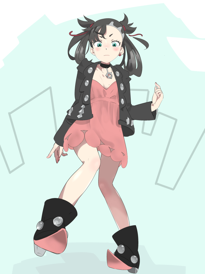 1girl aqua_eyes asymmetrical_hair bad_id bad_pixiv_id black_boots black_choker black_hair black_jacket blue_background blush boots breasts choker closed_mouth collarbone dress female_focus grey_hair hair_ribbon hand_up high_heels index_finger_raised jacket long_sleeves looking_at_viewer marnie_(pokemon) nintendo open_clothes open_jacket pink_dress pokemon pokemon_swsh red_ribbon ribbon simple_background sleeveless sleeveless_dress small_breasts solo spaghetti_strap two_side_up v-shaped_eyebrows zaitsu