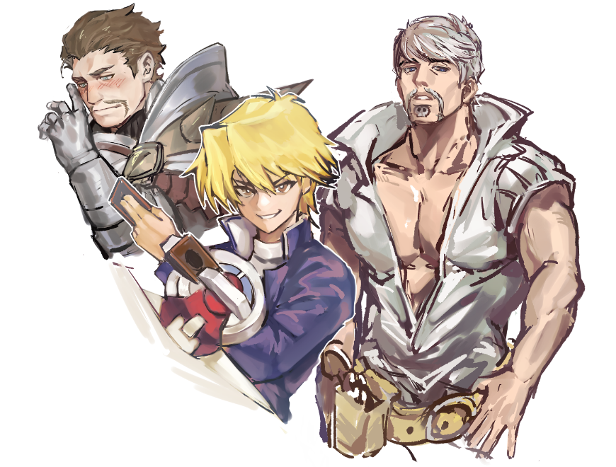 alois_rangeld armor bara belt blonde_hair blue_eyes blush brown_hair card character_request cropped_torso disdain facial_hair finger_to_face fire_emblem fire_emblem:_three_houses goatee grin hand_up holding holding_card jojo_no_kimyou_na_bouken jonouchi_katsuya long_sideburns long_sleeves male_focus mustache nintendo open_mouth pectoral_cleavage pectorals playing_card ringo_roadagain sdz_(inazuma) short_hair shy sideburns sketch smile steel_ball_run thick_eyebrows white_hair yu-gi-oh! yu-gi-oh!_duel_monsters