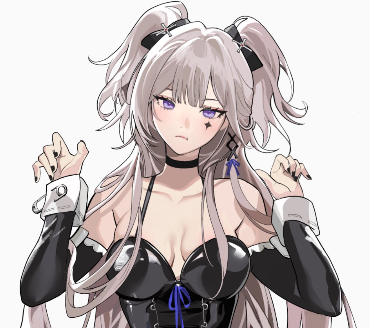 1girl alternate_costume alternate_hairstyle bare_shoulders black_nails commentary detached_sleeves facial_mark grey_hair herta_(honkai:_star_rail) honkai:_star_rail honkai_(series) long_hair long_sleeves looking_at_viewer nail_polish nevercrymoon purple_eyes solo spaghetti_strap the_herta_(honkai:_star_rail) two_side_up very_long_hair