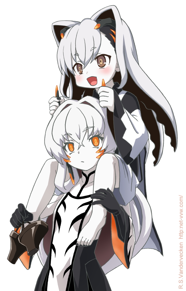 2girls :d bandabekken barefoot black_nails blush brown_eyes brown_footwear carrying carrying_person colored_skin commentary_request crossed_bangs geta hair_between_eyes holding holding_another&#039;s_horns holding_footwear holding_shoes holding_unworn_clothes horns kohime_(toji_no_miko) long_hair multiple_girls nail_polish open_mouth orange_eyes shoes shoulder_carry smile standing swept_bangs tagitsuhime toji_no_miko unworn_shoes white_background white_hair white_skin