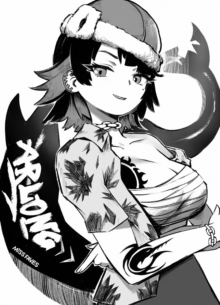 1girl arlong arlong_(cosplay) arm_tattoo artist_name breasts chain chain_bracelet character_name chest_sarashi chest_tattoo cosplay crossover ellen_joe fangs jacket large_breasts miss_faves monochrome one_piece open_clothes open_jacket sarashi sharp_teeth short_hair simple_background solo tattoo teeth white_background zenless_zone_zero