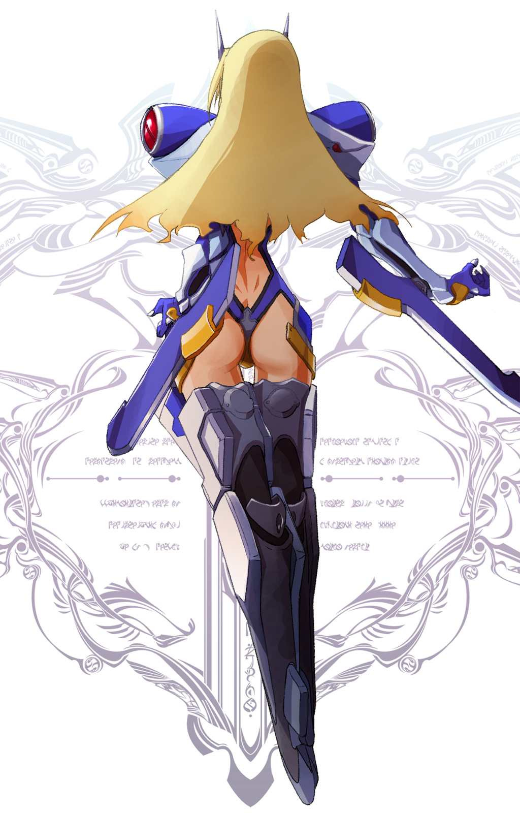 1girl ass blazblue blazblue:_chronophantasma blonde_hair butt_crack highres mecha_musume mu-12 official_art tagme