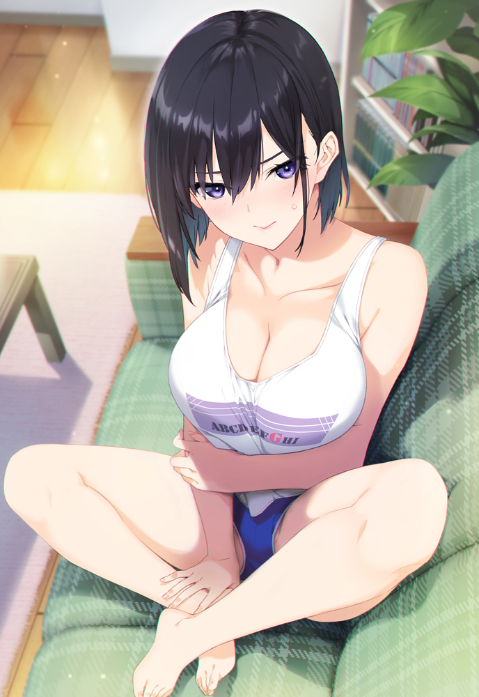 1girl alphabet bare_arms bare_legs bare_shoulders barefoot black_hair blush breasts check_commentary cleavage closed_mouth collarbone commentary_request couch cup_size feet hair_between_eyes iizuki_tasuku indoors large_breasts leaf looking_at_viewer medium_hair original plant potted_plant purple_eyes shadow short_hair shorts sitting solo tank_top