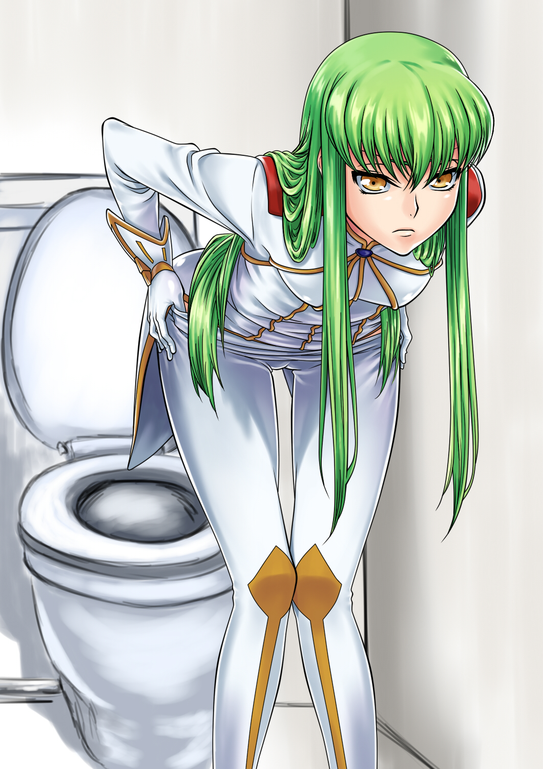 &gt;:) 1girl ass bent_over bleachist c.c. cameltoe closed_mouth code_geass commentary_request eyebrows_hidden_by_hair feet_out_of_frame frown gloves green_hair hair_between_eyes hair_over_shoulder hands_on_own_hips highres indoors long_hair long_sleeves looking_at_viewer nose pants shirt sidelocks solo standing straight_hair toilet tsurime unamused undressing v-shaped_eyebrows very_long_hair white_gloves white_pants white_shirt yellow_eyes