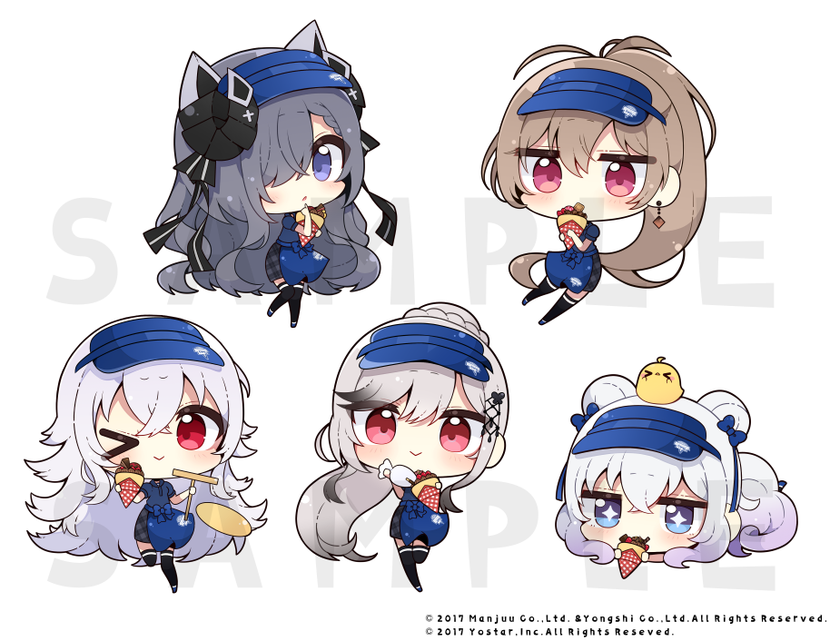 &gt;_o +_+ 5girls :&gt; ;&gt; animal animal_ears animal_on_head apron august_von_parseval_(azur_lane) azur_lane bird black_thighhighs blue_apron blue_eyes blue_footwear blue_hat blue_shirt braid brown_hair cat_ears chibi chick closed_mouth crepe double_bun dunkerque_(azur_lane) food graf_zeppelin_(azur_lane) grey_hair grey_skirt hair_bun hair_over_one_eye hat holding holding_crepe holding_food jean_bart_(azur_lane) le_malin_(azur_lane) long_hair lying manjuu_(azur_lane) multiple_girls muuran official_art on_head on_stomach one_eye_closed plaid_clothes plaid_skirt polo_shirt ponytail puffy_short_sleeves puffy_sleeves purple_eyes red_eyes sample_watermark shirt shoes short_sleeves simple_background skirt standing standing_on_one_leg thighhighs very_long_hair visor_cap waist_apron watermark white_background