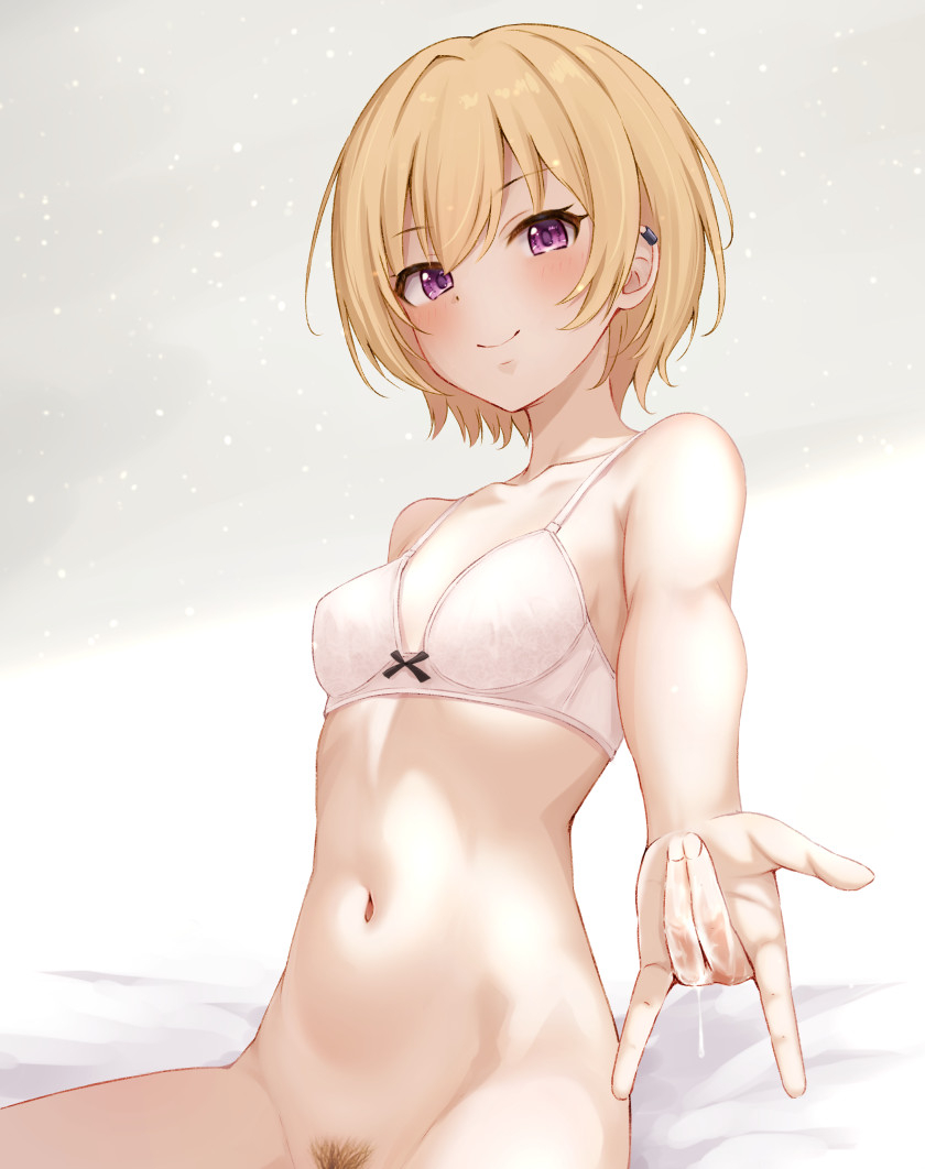 1girl \m/ after_masturbation blonde_hair blush bra breasts ca_paria collarbone commentary_request earclip female_pubic_hair fingernails idolmaster idolmaster_shiny_colors looking_at_viewer navel out-of-frame_censoring pink_eyes pubic_hair pussy_juice saijo_juri short_hair sitting small_breasts smile solo stomach underwear white_bra