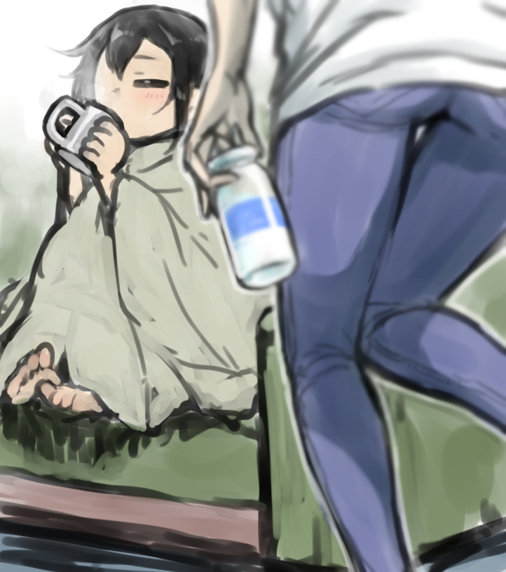 asakusa_midori black_hair blanket bottle closed_eyes commentary cup denim eizouken_ni_wa_te_wo_dasu_na! from_behind head_out_of_frame henriiku_(ahemaru) holding holding_cup jeans kanamori_sayaka milk_bottle pants