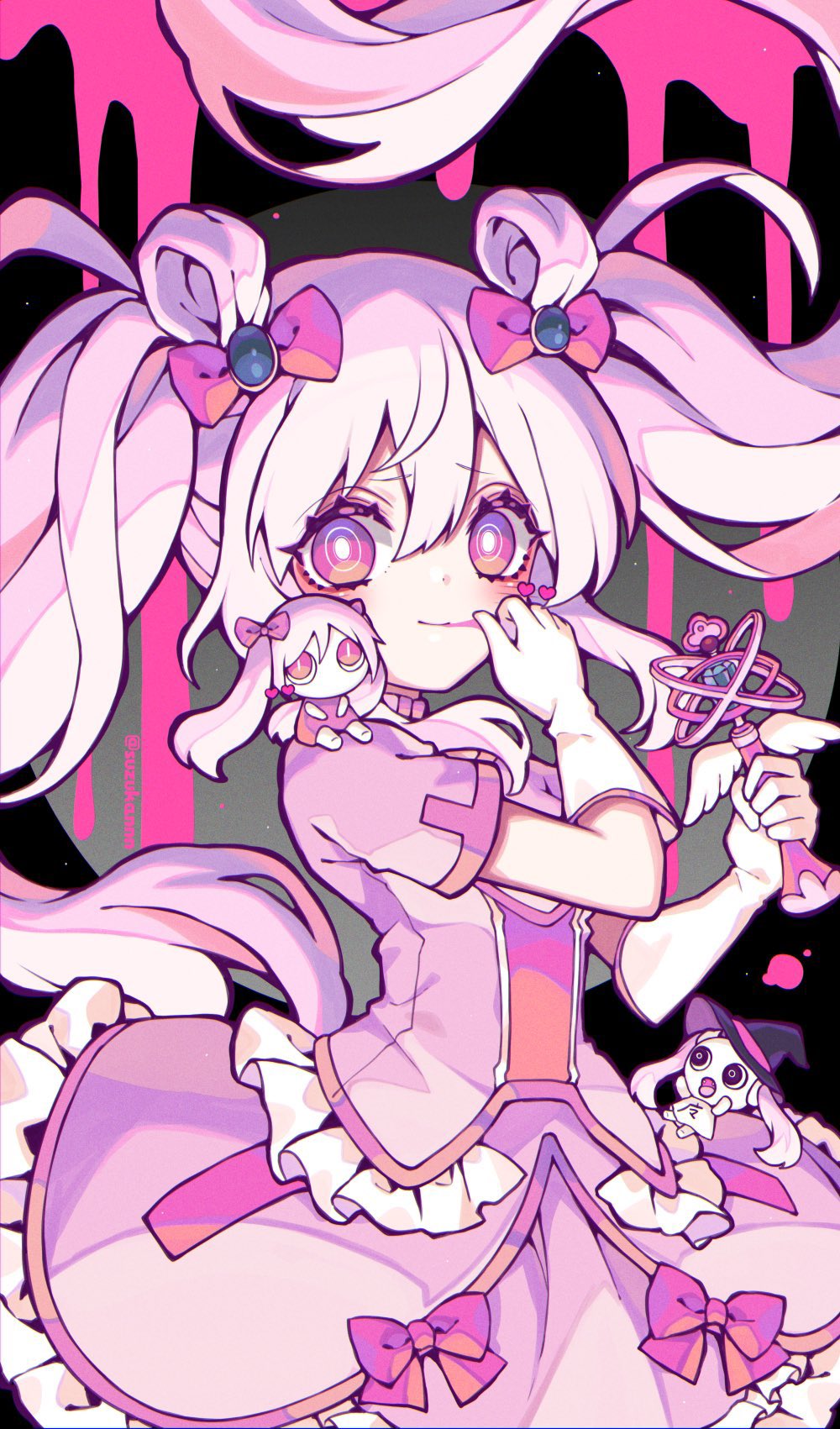 1girl aimaina bow doushite-chan hair_bow hair_ornament hatsune_miku highres kyouda_suzuka light_blush light_smile long_hair magical_girl mahou_shoujo_to_chokorewito_(vocaloid) multiple_hair_bows pink_eyes pink_hair pink_ribbon ribbon short_sleeves twintails vocaloid wand