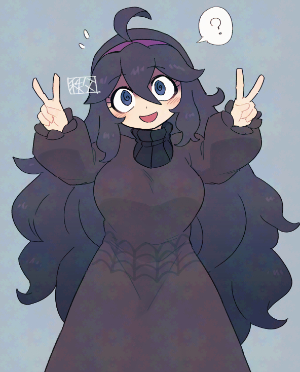 1girl @_@ chichibu_(watson) dress hairband hex_maniac_(pokemon) long_dress messy_hair nintendo pokemon pokemon_xy purple_dress purple_eyes purple_hair purple_hairband solo speech_bubble