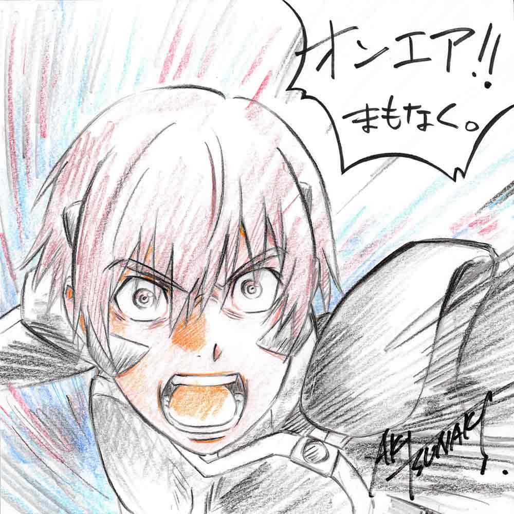 1boy artist_name brown_eyes brown_hair colored_pencil_(medium) fortified_suit hair_behind_ear male_focus mecha_pilot_suit motion_lines muv-luv muv-luv_alternative muv-luv_alternative_(anime) official_art open_mouth pilot_suit portrait promotional_art shirogane_takeru shouting solo traditional_media tsunaki_aki v-shaped_eyebrows