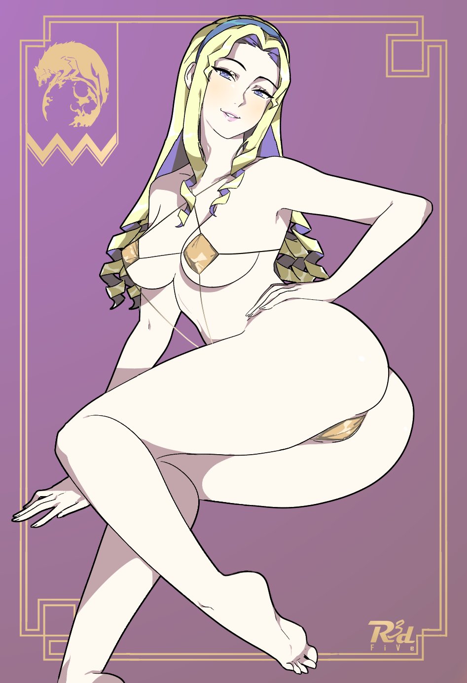 ass bikini blonde_hair blue_eyes blush butt_crack cameltoe constance_von_nuvelle curly_hair feet fire_emblem fire_emblem:_three_houses hairband hand_on_own_hip long_hair looking_at_viewer looking_back lying micro_bikini multicolored_hair nintendo on_side purple_hair r3dfive swimsuit two-tone_hair