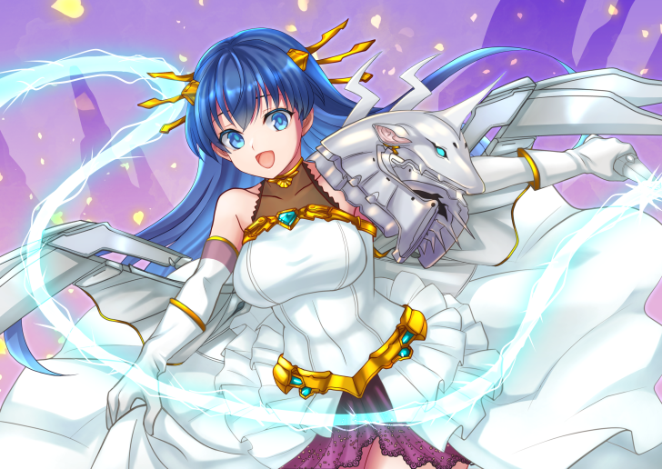1girl :d armor blue_eyes blue_hair breasts choukou_(alicesoft) choukou_taisen_escalation_heroines commission detached_sleeves dress electric_whip gloves holding holding_whip large_breasts lia_parapara_leazas long_hair looking_at_viewer open_mouth outstretched_arm pauldrons rance_(series) shoulder_armor single_pauldron skeb_commission smile solo tiara whip white_dress white_gloves yakou_(mofumofu117117)