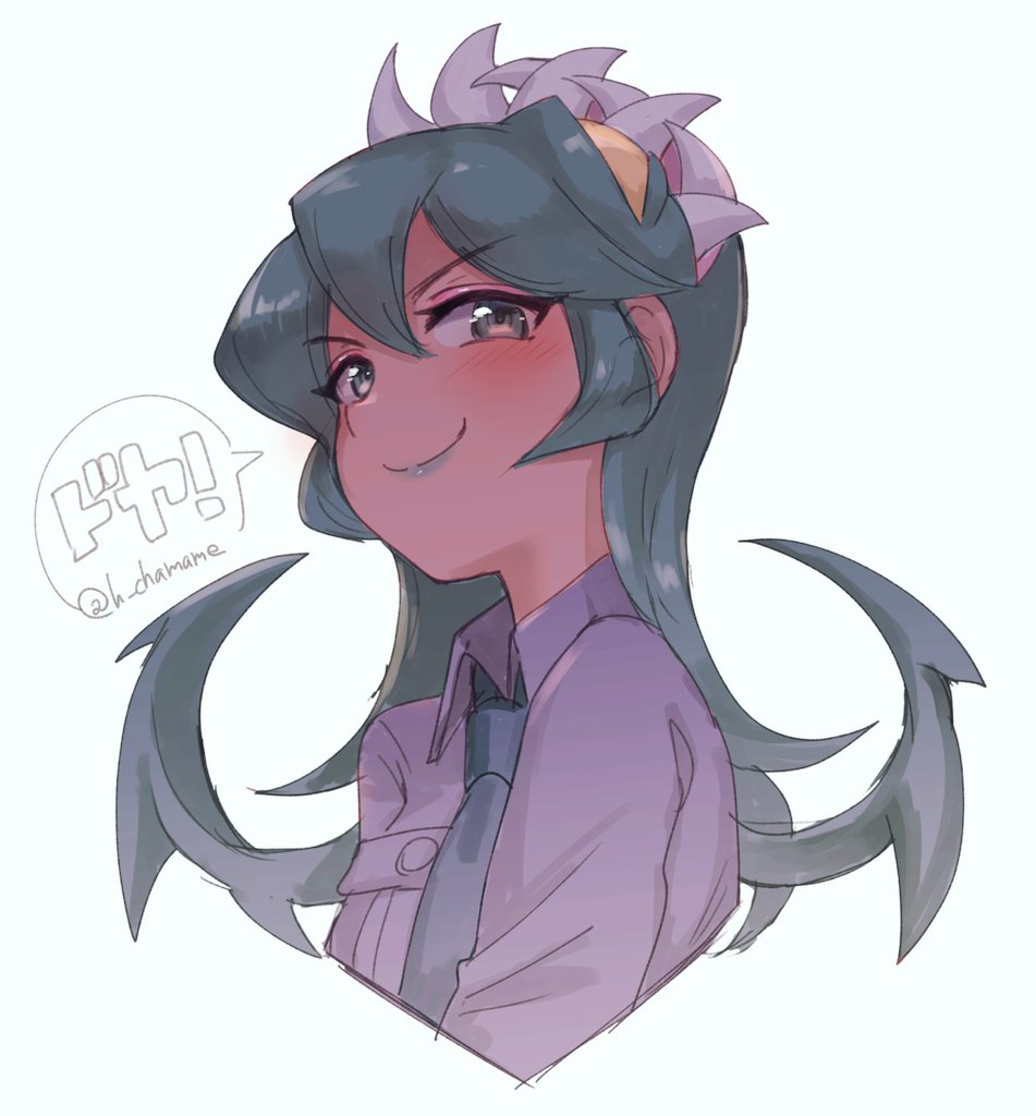 1girl blush chamame dark-skinned_female dark_skin fukua_(skullgirls) green_eyes green_hair green_lips looking_at_viewer skullgirls smile smug solo white_background