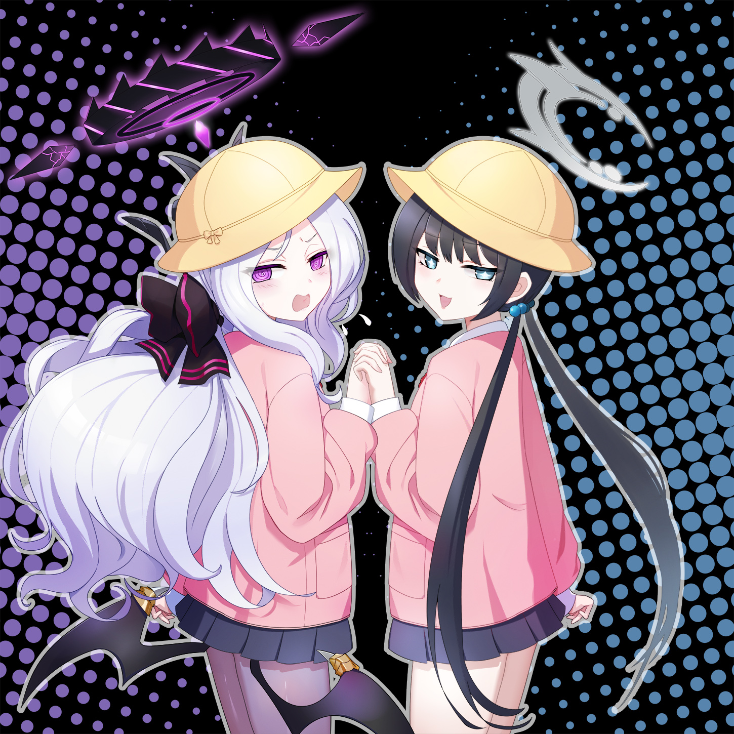 2girls ahoge black_hair black_halo blue_archive breasts demon_girl demon_horns demon_wings dtcy grey_eyes grey_halo halo hat highres hina_(blue_archive) horns kisaki_(blue_archive) long_hair looking_at_viewer multiple_girls purple_eyes small_breasts twintails white_hair wings
