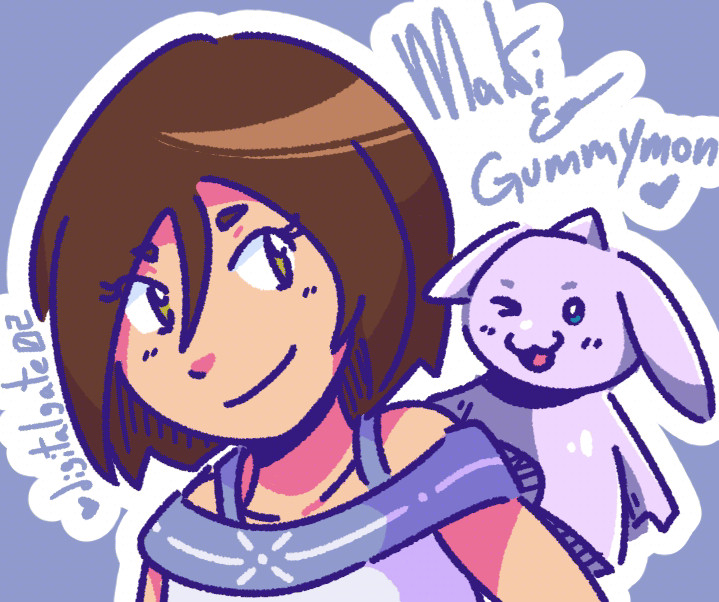 1girl blue_eyes brown_hair digimon digimon_adventure_tri. gummymon himekawa_maki horns looking_at_another one_eye_closed smile wink