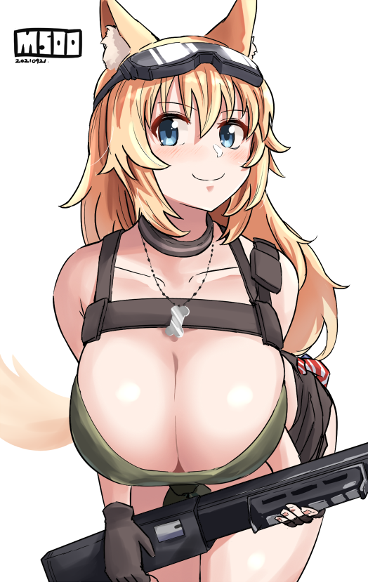 1girl animal_ears bare_arms bare_legs bare_shoulders blonde_hair blue_eyes blush breasts brown_gloves brown_shorts character_name cleavage closed_mouth collar collarbone cowboy_shot dated dog_ears dog_girl dog_tail eyebrows feet_out_of_frame female_focus fingerless_gloves fingernails girls&#039;_frontline gloves goggles goggles_on_head green_shirt gun harness holding holding_gun holding_weapon huge_breasts jewelry leaning_forward long_hair looking_at_viewer m500 m500_(girls&#039;_frontline) m500_(mod3)_(girls&#039;_frontline) necklace niceratus_kiotensis official_alternate_costume shirt shorts shotgun simple_background smile solo standing strapless strapless_shirt tail thighs tied_shirt weapon white_background