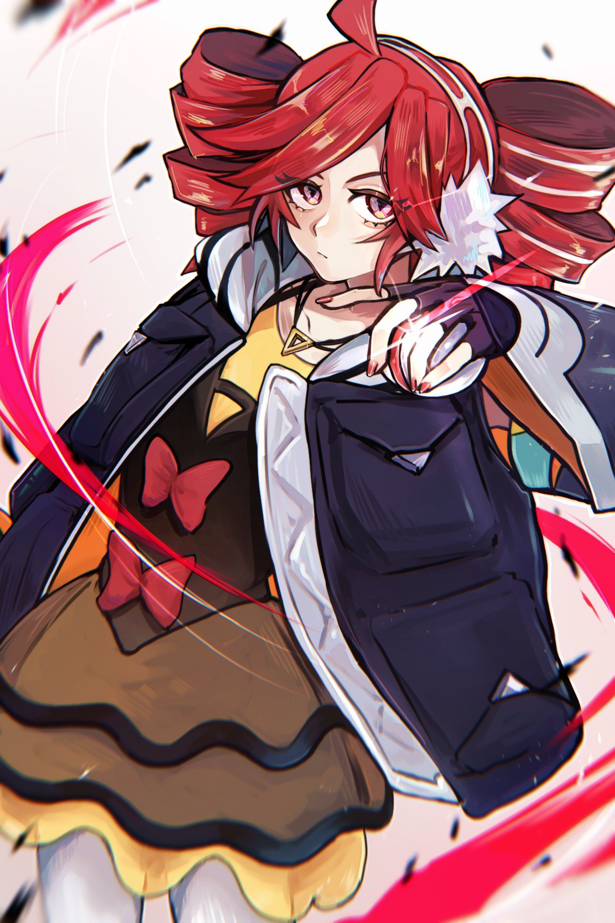 ahoge birthday black_dress black_jacket bow dress drill_hair hand_up hashtag-only_commentary headphones highres holding holding_poke_ball jacket kasane_teto layered_dress luxury_ball nintendo official_alternate_costume pantyhose poke_ball pokemon project_voltage purple_eyes red_bow red_hair rival_teto_(project_voltage) simple_background twin_drills utau vocaloid white_background white_pantyhose yasiro_hayate yellow_dress