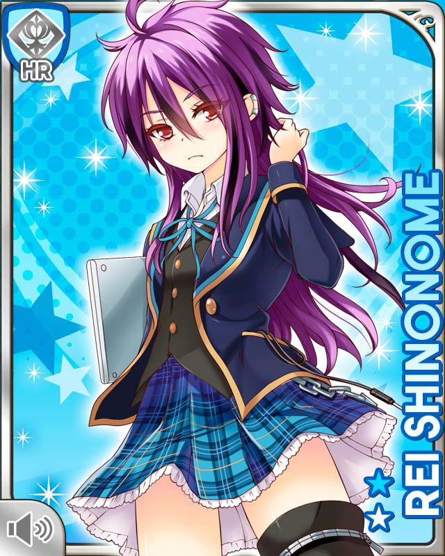 1girl armband blazer blue_background blue_jacket blue_neckwear blue_skirt card_(medium) chain character_name closed_mouth computer finger_to_head frown girlfriend_(kari) jacket laptop long_hair official_art plaid_clothes plaid_skirt purple_hair qp:flapper red_eyes school_uniform shinonome_rei shirt skirt solo tagme wallet_chain white_shirt
