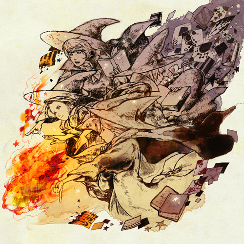 1990s_(style) 1girl 3boys arc_(ff3) bad_id bad_pixiv_id black_mage_(final_fantasy) book final_fantasy final_fantasy_iii fire flying_paper hat hitasura ingus lowres luneth magic monochrome multiple_boys paper refia retro_artstyle robe spell spot_color star_(symbol) witch_hat