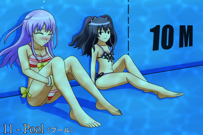 artist_request bare_shoulders barefoot belly bikini black_hair blush bracelet breasts cleavage feet jewelry knees long_hair midriff navel nepgear neptune_(series) pool purple_hair red_eyes scrunchy small_breasts smile struggling swimsuit thighs toes tsundere tsurime twintails two_side_up underwater uni_(neptunia) uwdennis