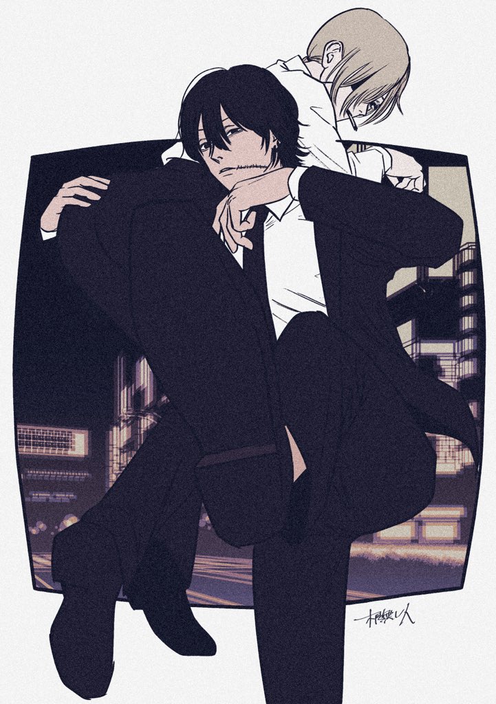 1boy 1girl black_footwear black_hair black_jacket black_necktie black_pants carrying_over_shoulder chainsaw_man cigarette collared_shirt formal_clothes grey_hair greyscale hand_on_another&#039;s_ass jacket kicking incoming_kick kishibe_(chainsaw_man) kishibe_(young)_(chainsaw_man) long_hair looking_at_viewer monochrome necktie nenashibito pants ponytail quanxi_(chainsaw_man) shirt shirt_tucked_in short_hair sign simple_background spot_color stitched_face stitched_mouth stitches suit suit_jacket white_background white_shirt