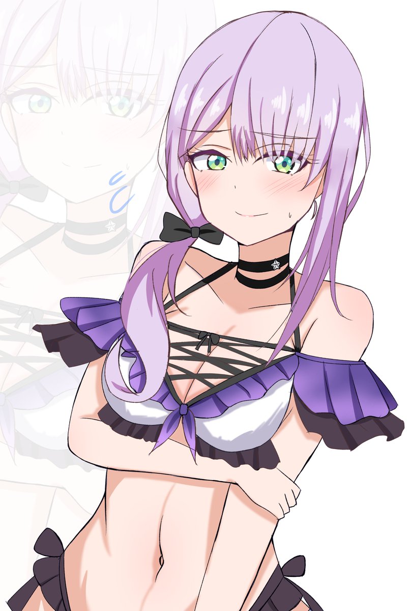 1girl bikini black_choker blush breasts choker cleavage collarbone commentary_request cosplay cross-laced_bikini cross-laced_clothes embarrassed flying_sweatdrops frilled_bikini frills green_eyes hair_over_shoulder halterneck hand_on_own_arm highres long_hair looking_at_viewer love_live! love_live!_days:_love_live!_general_magazine love_live!_superstar!! low_side_ponytail matcha_moti_(matcha_427) navel off-shoulder_bikini off_shoulder purple_hair side_ponytail single_sidelock solo star_(symbol) star_choker sweatdrop swimsuit upper_body white_background white_bikini wien_margarete wien_margarete&#039;s_sister wien_margarete_(cosplay) zoom_layer