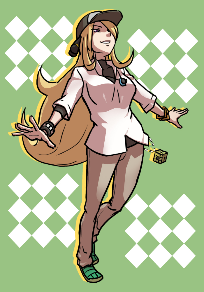 1girl baseball_cap blonde_hair breasts cosplay cynthia_(pokemon) female_focus habatakuhituji hair_ornament hair_over_one_eye hat jewelry large_breasts long_hair n_(pokemon) n_(pokemon)_(cosplay) nintendo poke_ball pokemon pokemon_bw purple_eyes smile solo very_long_hair void_cube