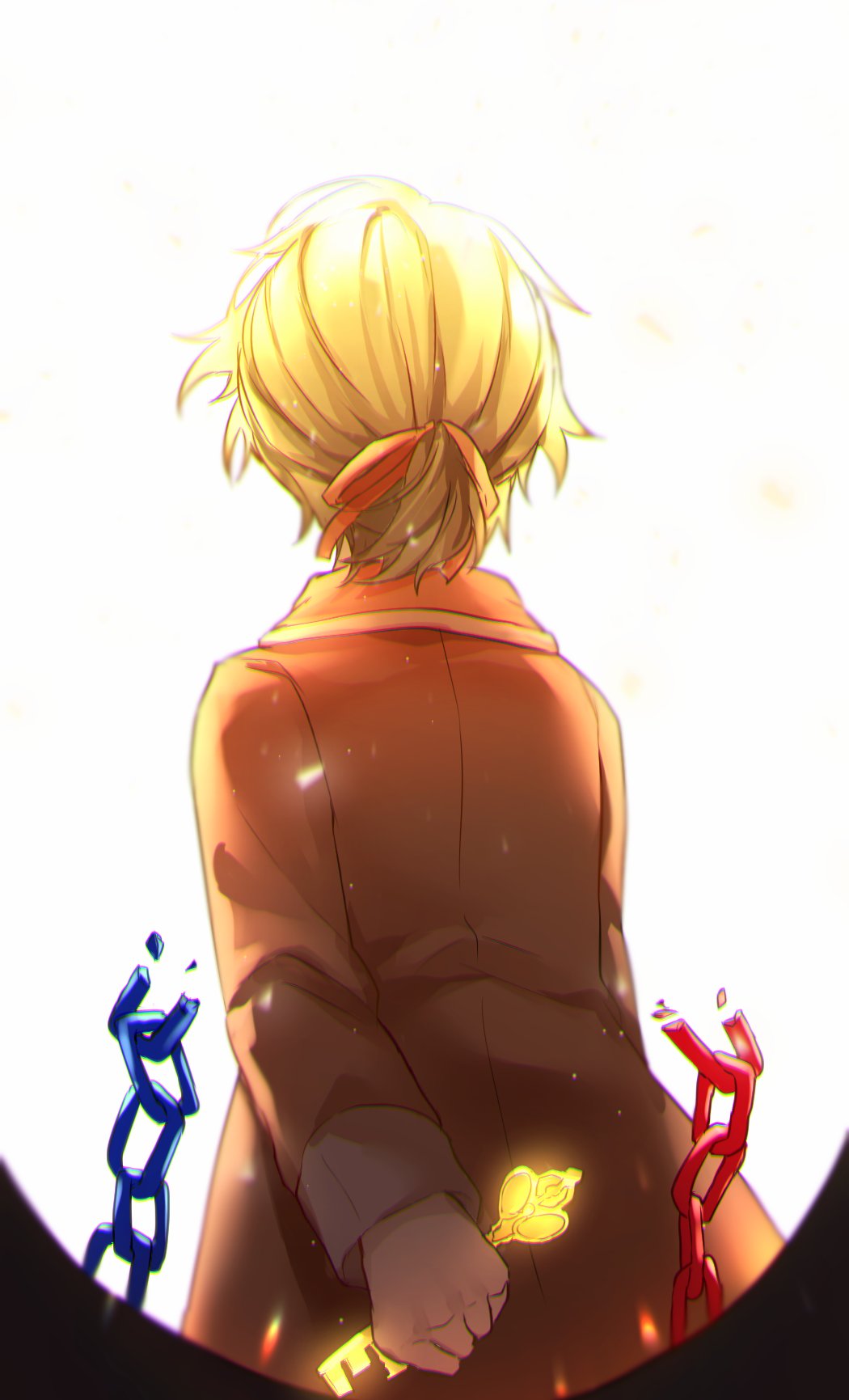 1boy allen_avadonia arm_behind_back aryuma772 back blonde_hair bloom breaking chain evillious_nendaiki grim_the_end hair_ribbon highres holding holding_key jacket kagamine_len key male_focus master_of_the_heavenly_yard_(vocaloid) nanatsu_no_tsumi_to_batsu_(vocaloid) orange_jacket ponytail re_birthday_(vocaloid) ribbon short_ponytail solo vessel_of_sin vocaloid