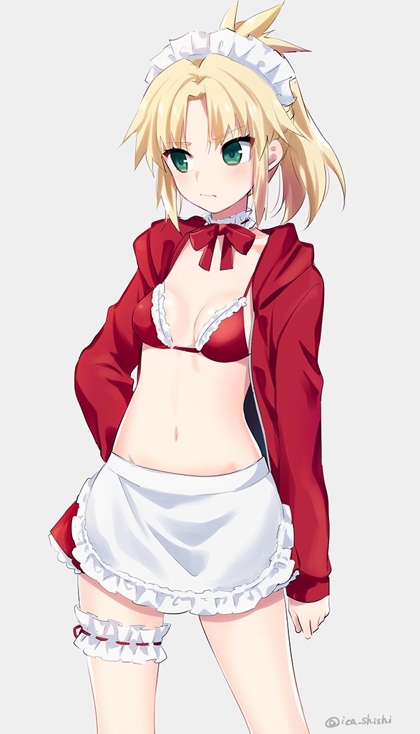 1girl apron arm_at_side artoria_pendragon_(fate) artoria_pendragon_alter_(swimsuit_rider)_(fate) artoria_pendragon_alter_(swimsuit_rider)_(second_ascension)_(fate) bikini bikini_top_only blonde_hair blush breasts cleavage closed_mouth cowboy_shot fate/apocrypha fate_(series) female_focus frilled_bikini frilled_bikini_top frilled_skirt frilled_thigh_strap frills frown green_eyes grey_background ica jacket long_hair long_sleeves looking_away looking_to_the_side maid_headdress mordred_(fate) mordred_(fate/apocrypha) navel open_clothes open_jacket parted_bangs ponytail red_bikini red_jacket red_ribbon red_skirt ribbon sidelocks simple_background skirt small_breasts solo stomach swimsuit thigh_strap tsurime twitter_username waist_apron white_apron