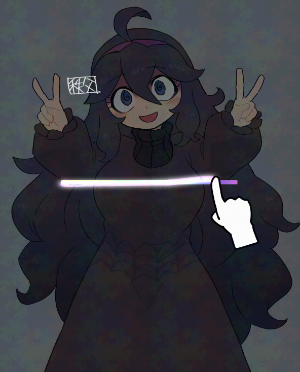 1girl @_@ chichibu_(watson) dress hairband hex_maniac_(pokemon) long_dress messy_hair nintendo pokemon pokemon_tcg pokemon_tcg_pocket pokemon_xy purple_dress purple_eyes purple_hair purple_hairband solo