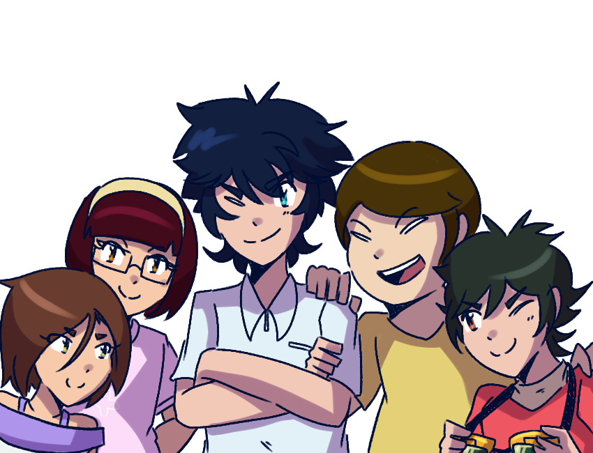 2girls 3boys digimon glasses himekawa_maki looking_at_viewer multiple_boys multiple_girls nishijima_daigo one_eye_closed original smile wink