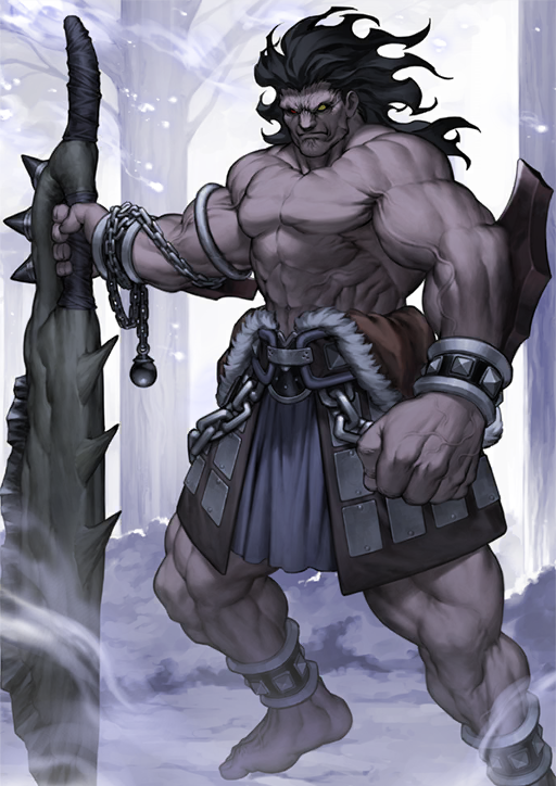 1boy abs anklet armlet armor azusa_(hws) bare_tree barefoot belt black_hair bracer brown_belt chain clenched_hands closed_mouth colored_skin dark-skinned_male dark_skin fate/grand_order fate_(series) faulds foot_out_of_frame frown fur_trim grey_skin heracles_(fate) heterochromia holding holding_sword holding_weapon huge_weapon jewelry legs_apart long_hair looking_at_viewer male_focus muscular muscular_male nameless_axe-sword_(fate) no_eyebrows no_nipples official_art outstretched_arm pectorals red_eyes smoke snow solid_eyes solo spikes standing sword third-party_source topless_male tree variant_set veins weapon yellow_eyes
