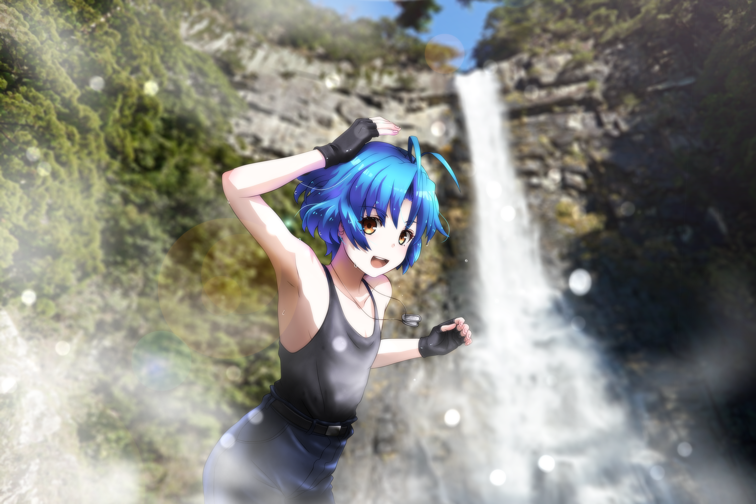 1girl ahoge belt black_belt black_gloves black_tank_top blue_hair blue_pants brown_eyes collarbone fingerless_gloves flat_chest genya_(genya67) gloves highres looking_at_viewer muv-luv muv-luv_alternative muv-luv_alternative_(anime) open_mouth pants parted_bangs photo_background shirt_tucked_in short_hair smile solo tank_top yoroi_mikoto