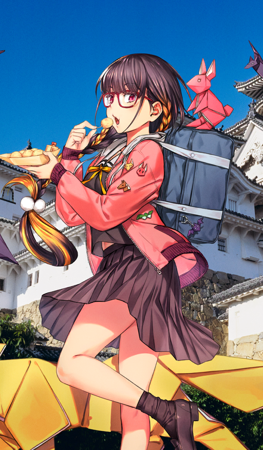 1girl animal_charm architecture bat_(animal) black_boots black_serafuku black_shirt black_skirt blue_bag blue_sky boots braid breasts brown_hair commentary day east_asian_architecture eating fate/grand_order fate_(series) floating_clothes floating_hair food fox glasses hair_tie himeji_castle holding holding_food horse jacket leg_up long_hair long_sleeves looking_at_viewer midriff_peek moriyama_daisuke multicolored_hair neck_ribbon official_art open_clothes open_jacket open_mouth orange_hair orange_ribbon origami osakabehime_(fate) osakabehime_(under_the_same_sky)_(fate) outdoors photo_background pink_eyes pink_jacket pleated_skirt pom_pom_(clothes) rabbit red-framed_eyewear ribbon sailor_collar school_uniform serafuku shirt single_braid skirt sky solo streaked_hair sunlight third-party_source two-tone_hair walking white_sailor_collar zipper