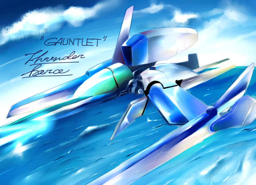 canopy cevoy character_name cloud flying mecha ocean robot rvr-01_gauntlet sky spacecraft starfighter thunder_force thunder_force_v