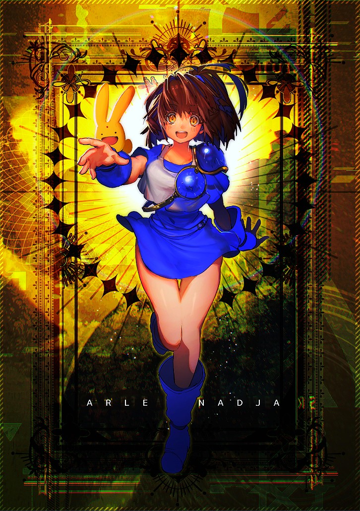 :d arle_nadja boots brown_hair carbuncle_(puyopuyo) compile gloves madou_monogatari miniskirt open_mouth puyopuyo short_hair skirt smile yellow_eyes