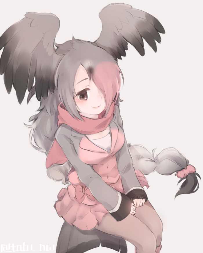10s 1girl artist_name blush bow braid brown_eyes feathered_wings female_focus grey_background grey_hair hair_over_one_eye head_wings kemono_friends long_hair miniskirt multicolored_hair pantyhose pink-backed_pelican_(kemono_friends) scarf simple_background sitting skirt solo tatsuno_newo wings