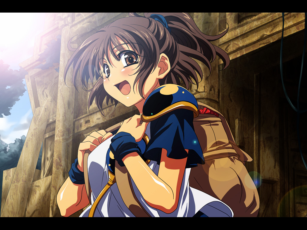 アルル　えろ mekabu, arle nadja, madou monogatari, puyopuyo, bad id, 1girl, armor,  backpack, bag, brown eyes, brown hair, building, female focus, half updo,  happy, letterboxed, light rays, open mouth, outdoors, ponytail, randoseru,  ruins, short