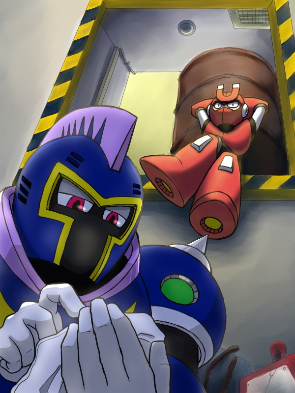 2boys barrel capcom helmet joints knight_man magnet_man mask mega_man_(classic) mega_man_(series) mega_man_3 mega_man_6 multiple_boys no_humans non-humanoid_robot purple_eyes robot robot_joints sitting