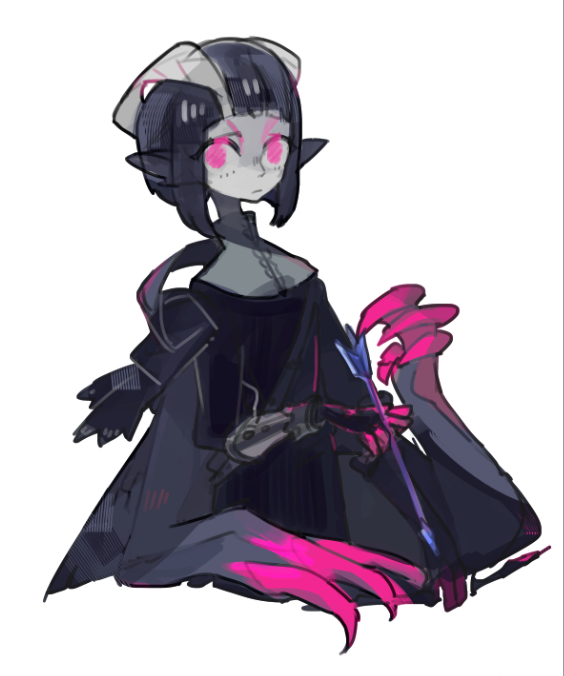 1girl arrow_(projectile) black_dress black_hair black_scarf breasts clawed_hands commentary_request dragon_girl dragon_wings dress extra_arms glowing glowing_eyes gore_magala holding holding_arrow horns leaning_back light_frown looking_at_viewer maio_(space_jct) medium_breasts monster_hunter_(series) pale_skin personification pink_eyes pointy_ears scarf solo standing white_background wings