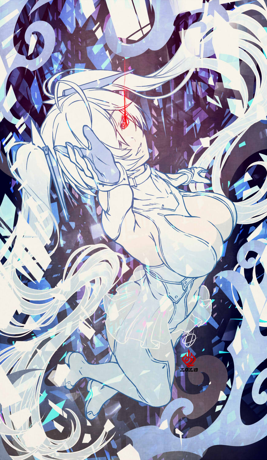 1girl ahoge arm_up armpits blush bodysuit breasts cinderella_(nikke) cleavage cleavage_cutout clothing_cutout foreshortening gloves goddess_of_victory:_nikke hair_over_one_eye highres kanchiyo large_breasts long_hair navel navel_cutout one_eye_covered red_eyes see-through_clothes see-through_skirt skirt smile solo twintails very_long_hair white_bodysuit white_hair